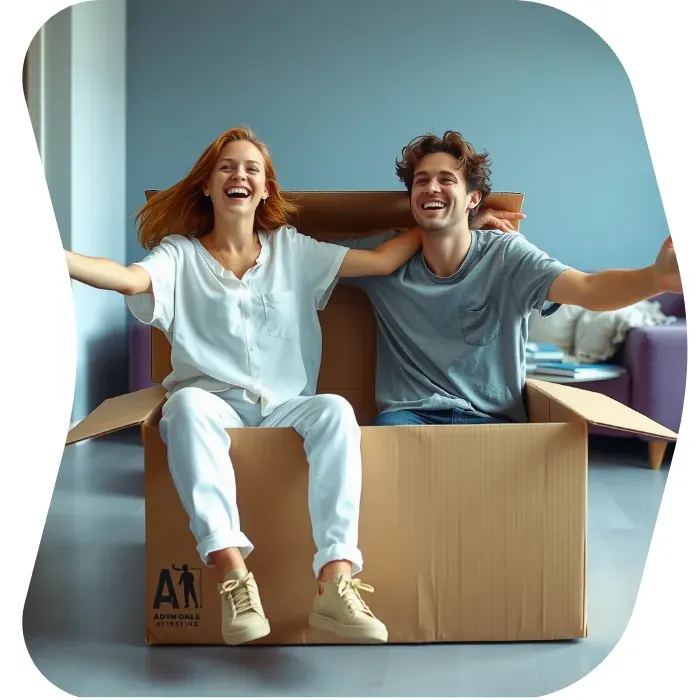 Two guys sitting on the floor of their apartment with Muval moving boxes